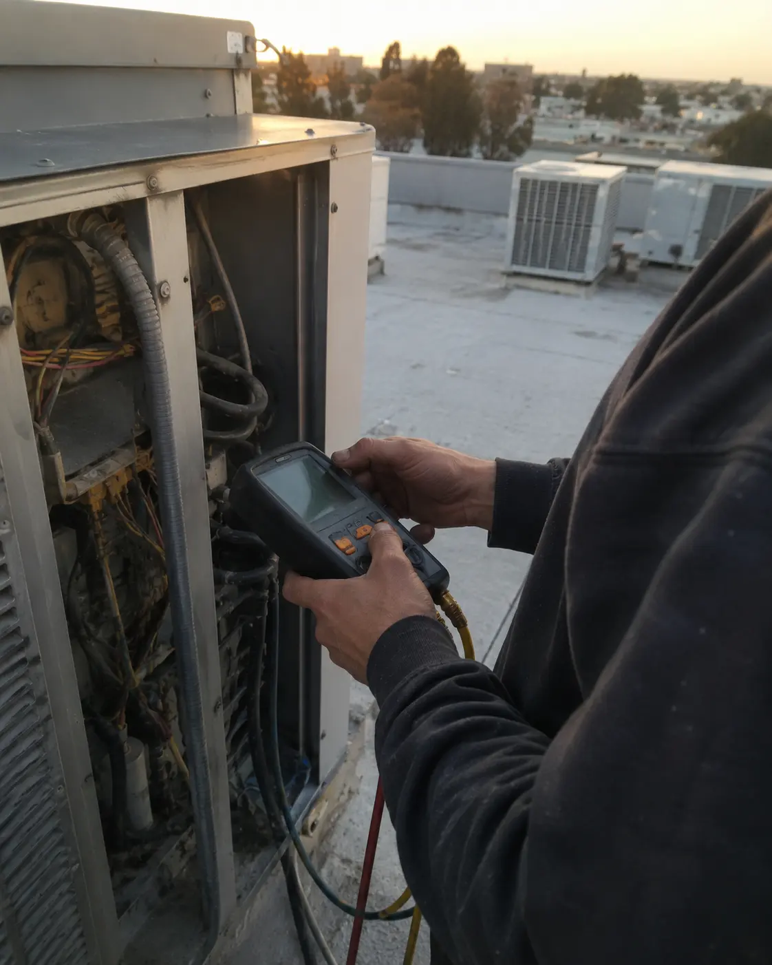 A technician taking a reading from a rooftop HVAC unit at dusk.