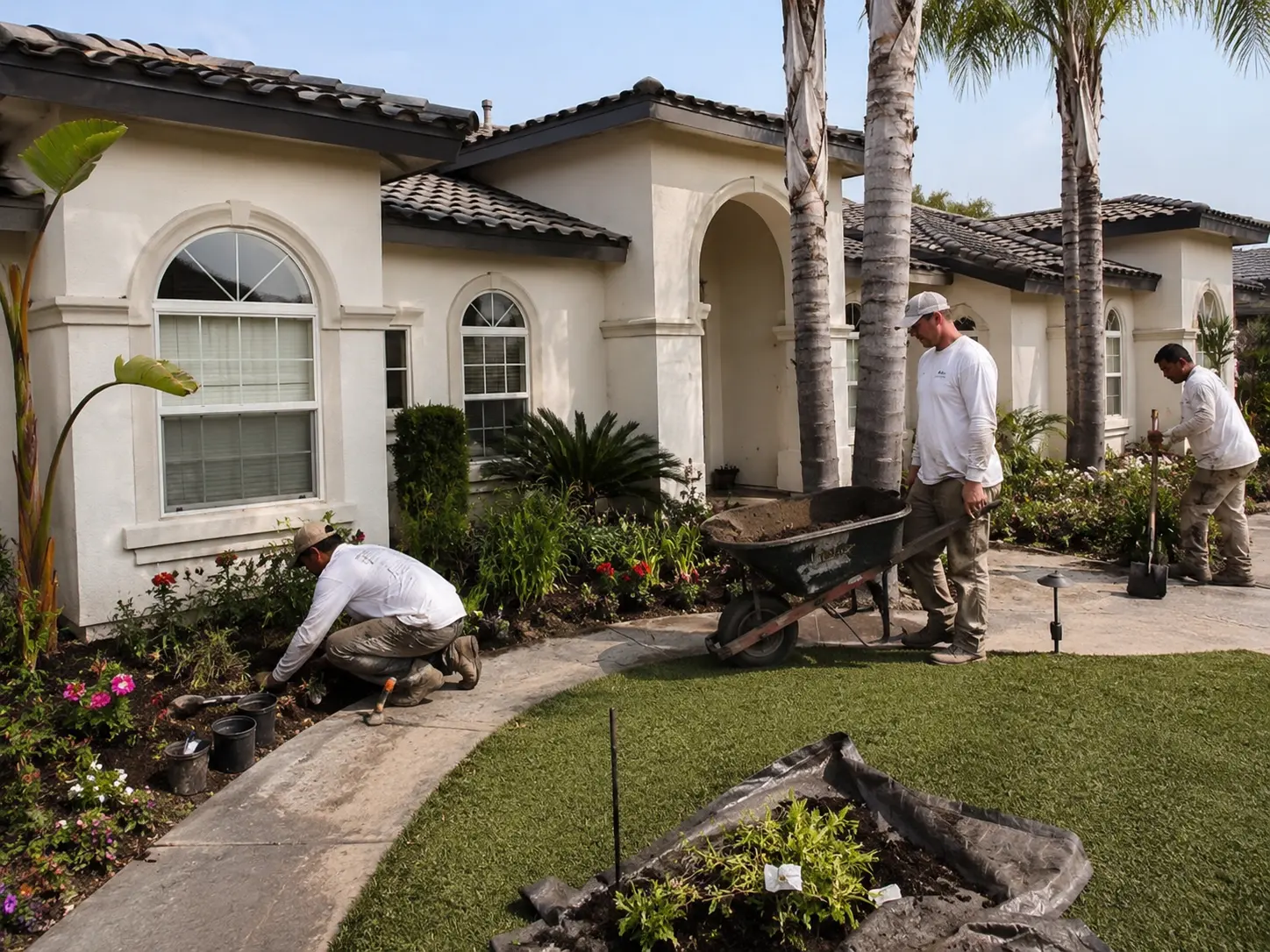 A landscaping crew planting and hauling soil at a residential property.